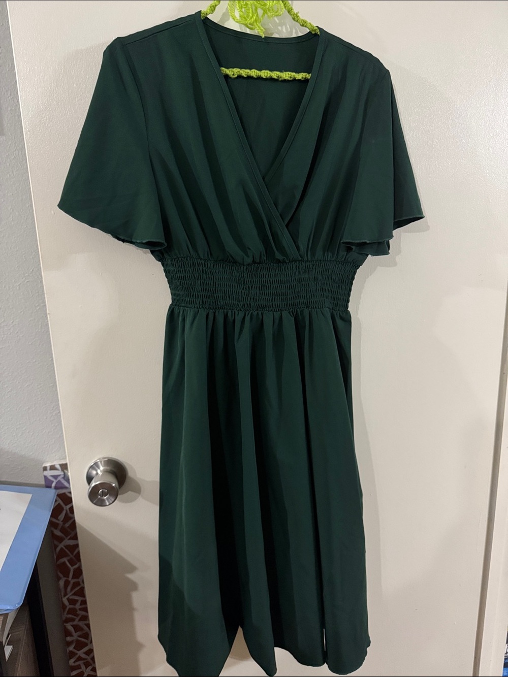 Deep Forest Green V-Neck Midi Dress with Smocked Waist